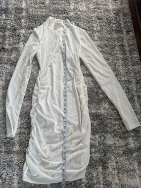 Long Sleeve White Ruched Mock Neck Dress